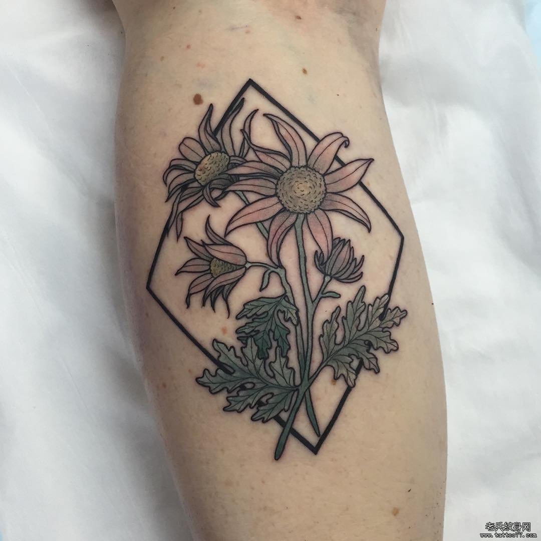小腿花卉几何线条彩绘纹身图案