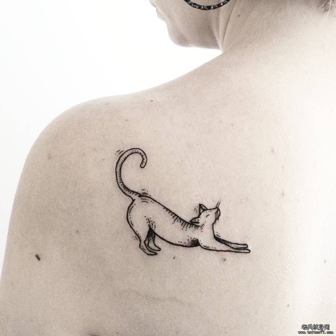 背部简单的猫咪线条小清新纹身图案