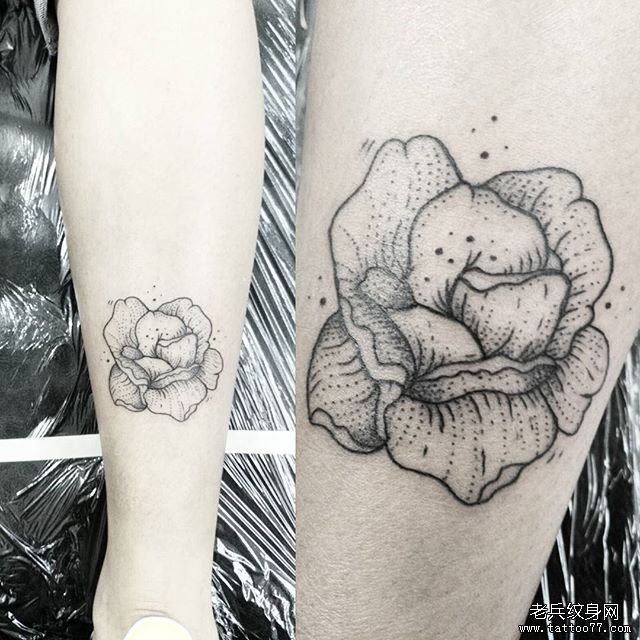 小腿欧美小清新点刺花卉纹身图案