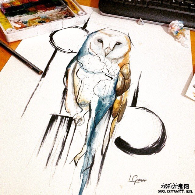 欧美泼墨猫头鹰纹身图案手稿