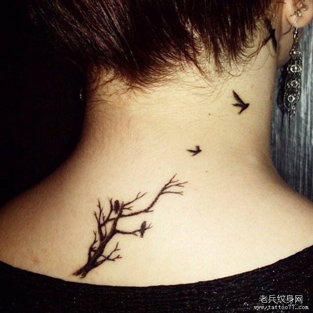脖子小清新树枝小鸟纹身图案