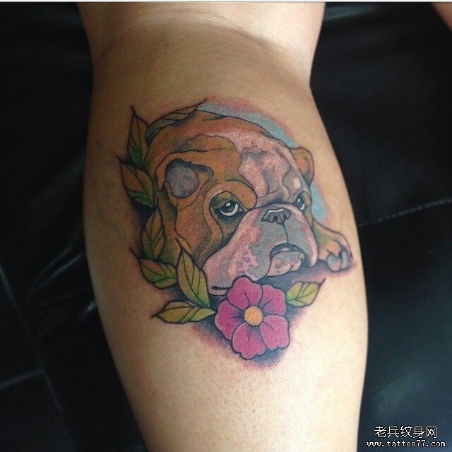 小腿欧美school可爱的狗花朵纹身图案