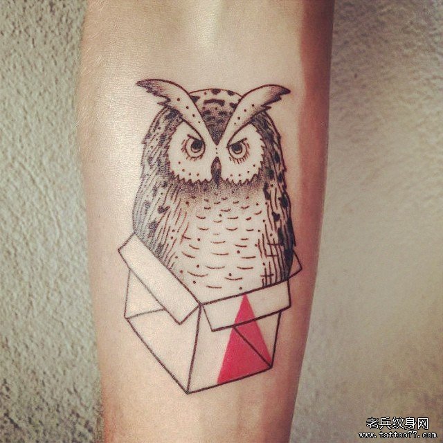 小臂猫头鹰盒子纹身图案