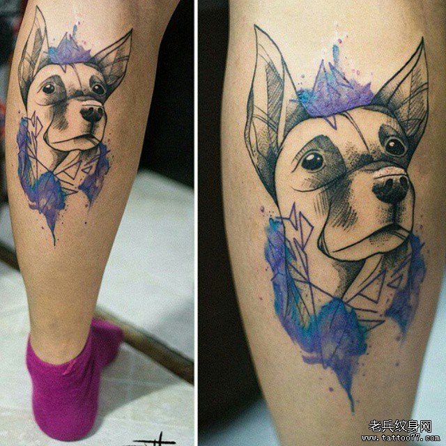 小腿狗彩色泼墨纹身图案