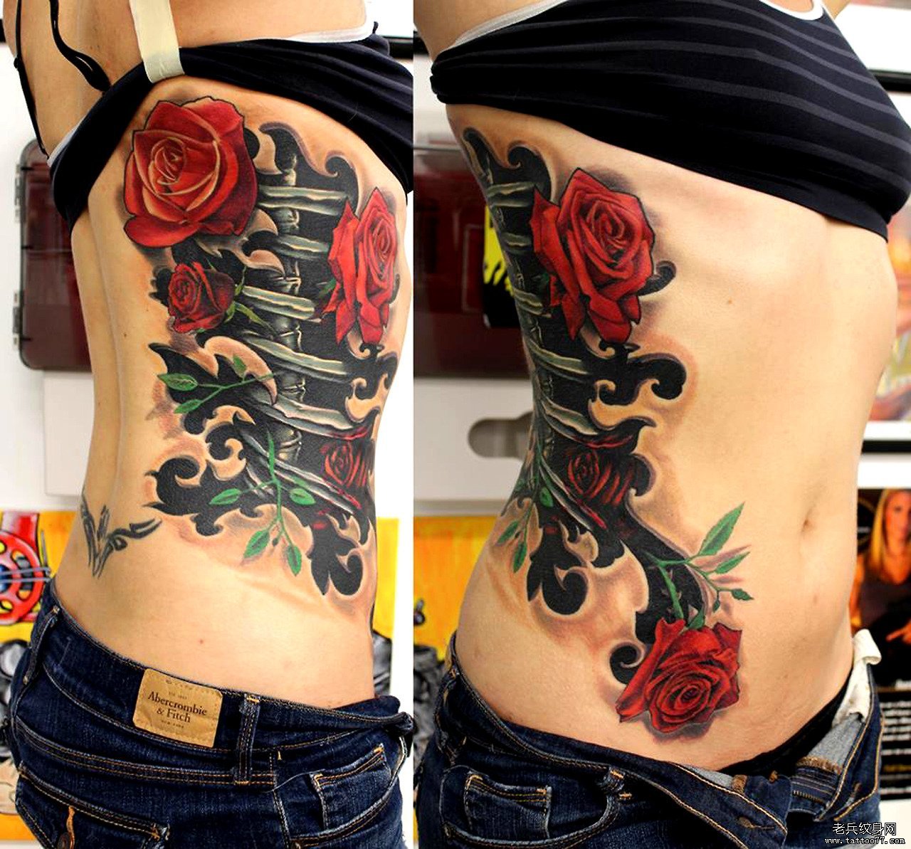侧腰3D骨架玫瑰彩色欧美纹身图案