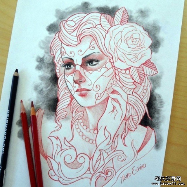 墨西哥女郎玫瑰纹身图案手稿