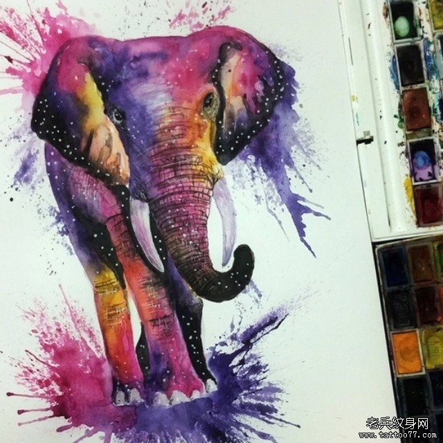 欧美彩色泼墨大象纹身图案手稿
