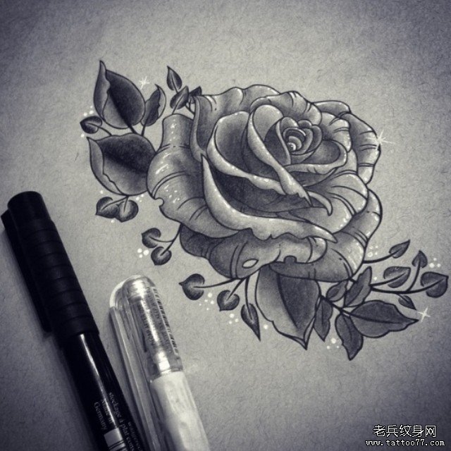 欧美玫瑰黑灰纹身图案手稿