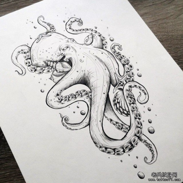欧美章鱼黑灰纹身图案手稿