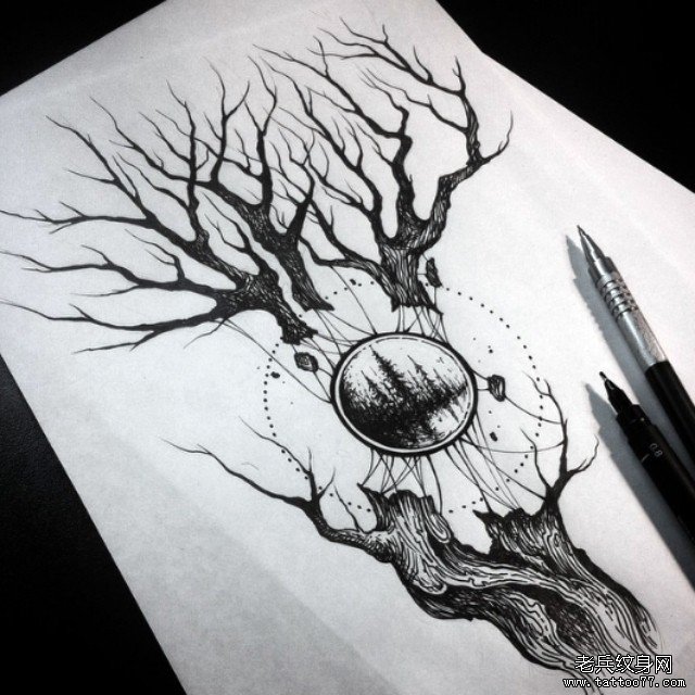 欧美暗黑系树几何纹身图案手稿