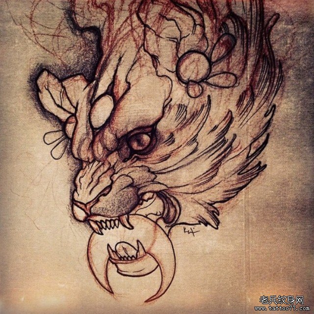 欧美暗黑系狼头月亮纹身图案手稿