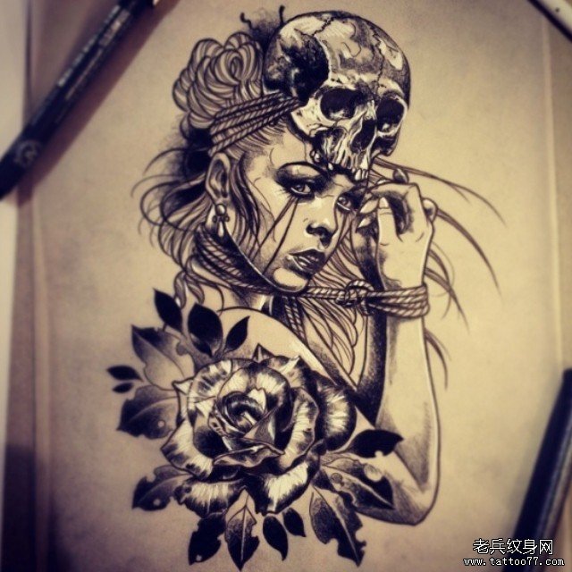 欧美黑灰school女郎骷髅玫瑰纹身图案手稿