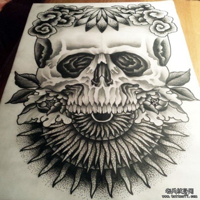 欧美骷髅太阳牡丹花点刺纹身图案手稿