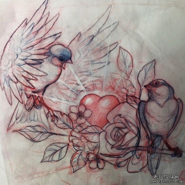 欧美小鸟巢心形玫瑰纹身图案手稿