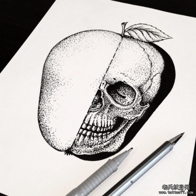 欧美点刺苹果骷髅组合纹身图案手稿