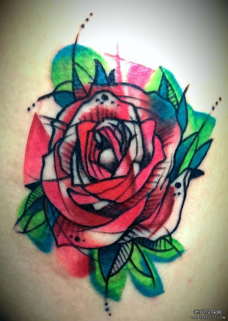 欧美泼墨彩色玫瑰线条纹身图案