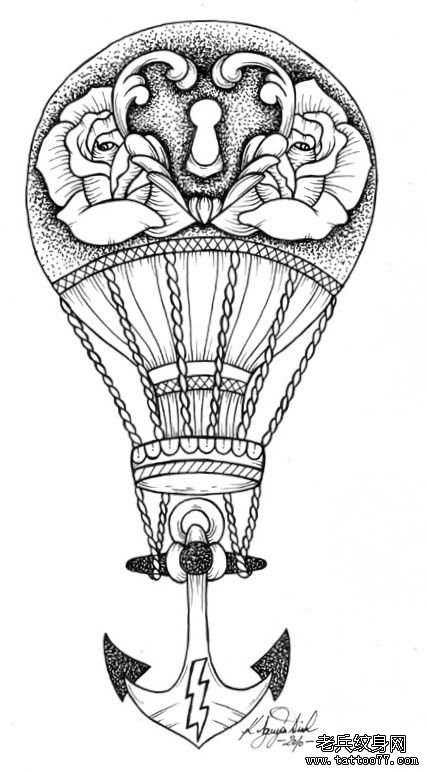 欧美热气球点刺船锚纹身图案手稿