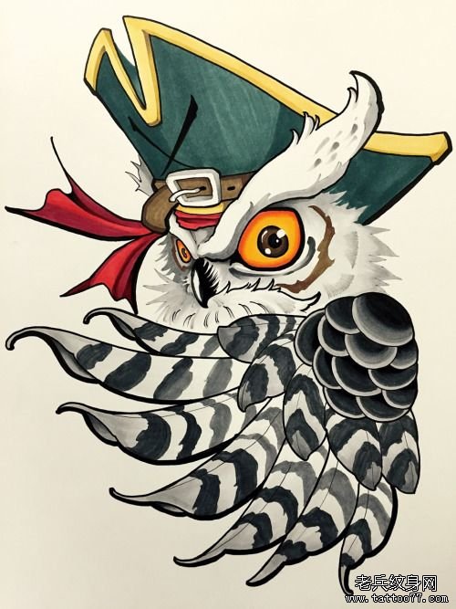 欧美猫头鹰船长纹身图案手稿