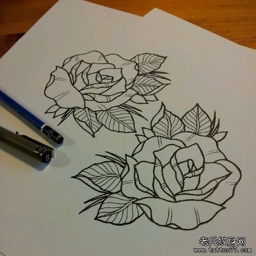 欧美玫瑰线条纹身图案手稿