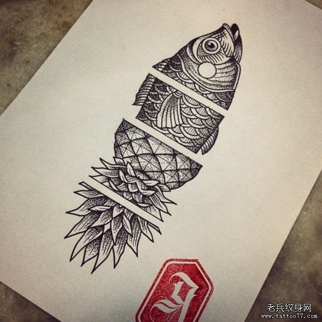 个性鱼和菠萝结合点刺纹身图案手稿