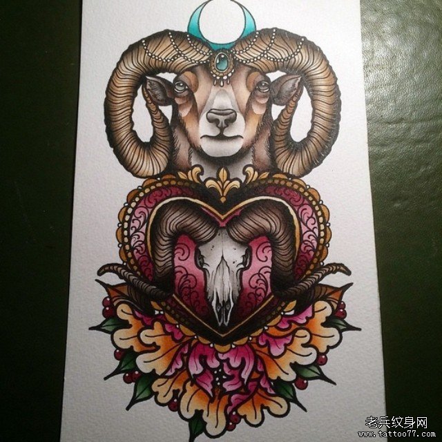 欧美羊头牡丹花卉纹身图案手稿