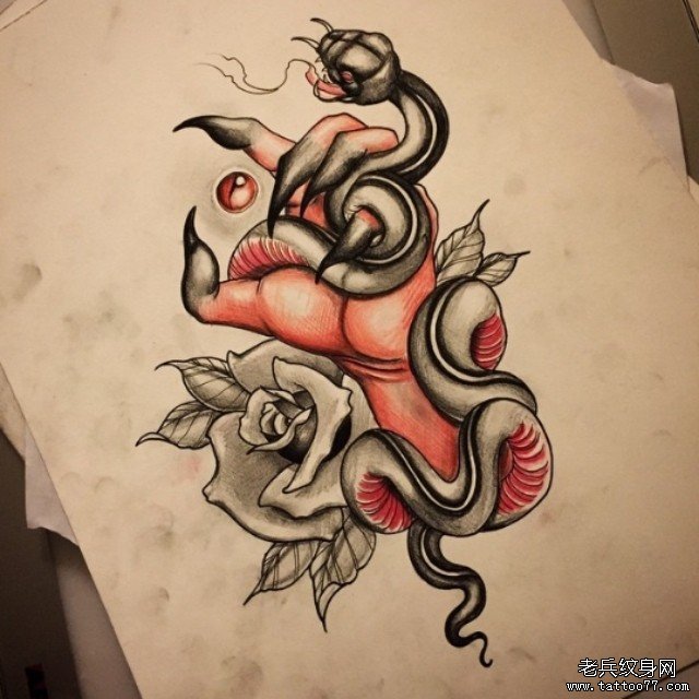 欧美school手蛇玫瑰黑暗系纹身图案手稿