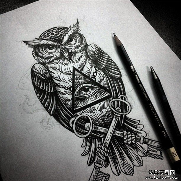 欧美猫头鹰上帝之眼钥匙纹身图案手稿