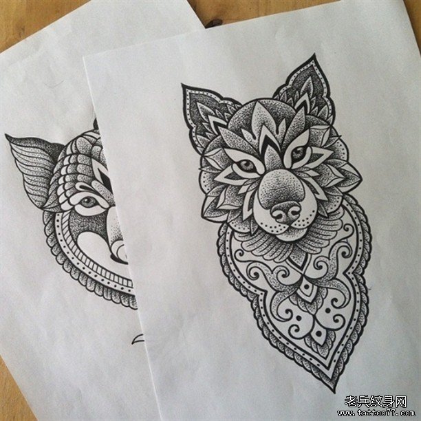 欧美狼点刺梵花纹身图案手稿