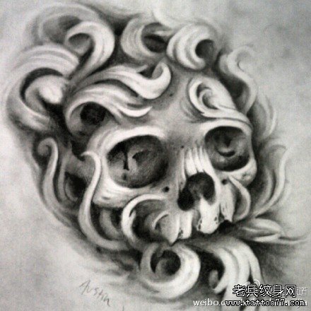 欧美花卉骷髅黑灰纹身图案手稿