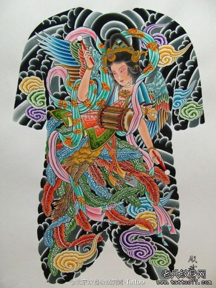 日式风格传统侍女全甲纹身图案手稿