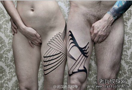 情侣大腿欧美抽象几何线条纹身图案