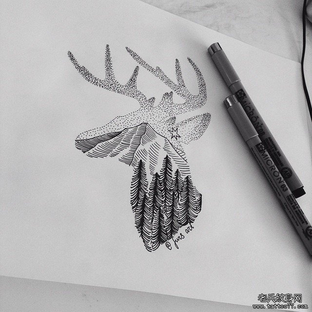 欧美麋鹿点刺树林线条纹身图案手稿