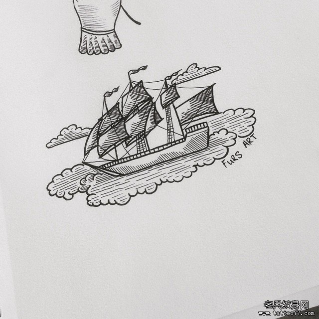 欧美帆船云朵线条纹身图案手稿