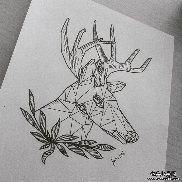 小清新线条几何麋鹿纹身图案手稿
