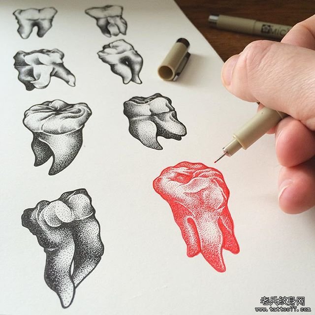 欧美点刺牙齿纹身图案手稿
