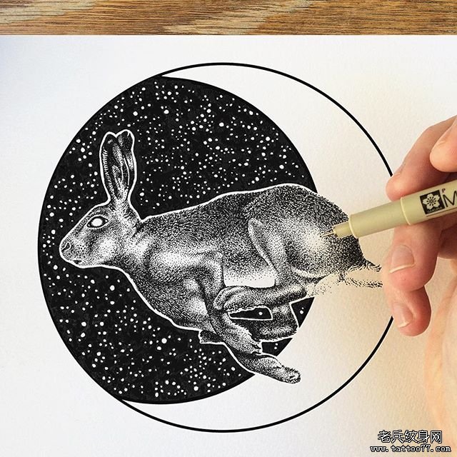 欧美点刺星空兔子纹身图案手稿