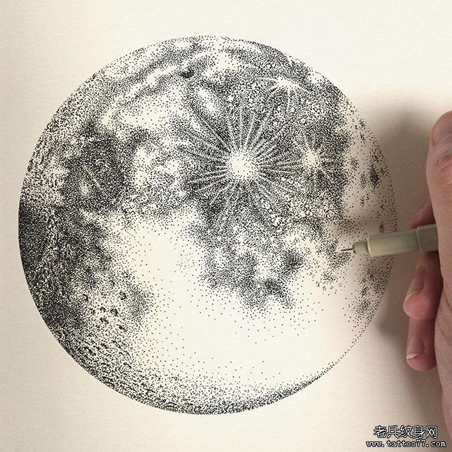 欧美点刺唯美的月球纹身图案手稿