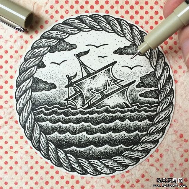 欧美帆船海浪点刺纹身图案手稿