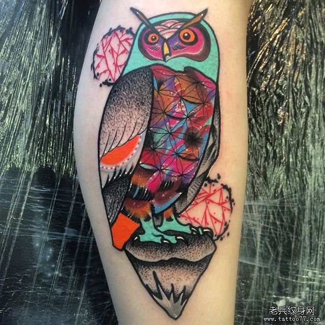 小腿欧美彩色猫头鹰几何点刺纹身图案