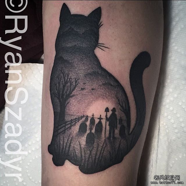 腿部黑灰点刺猫风景纹身图案