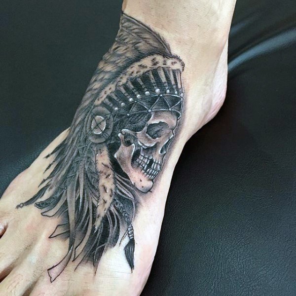 脚背黑色印第安土著骷髅纹身图案