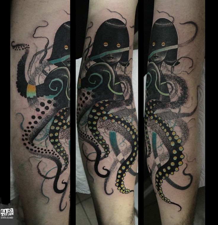章鱼似的神秘女性彩色手臂纹身图案