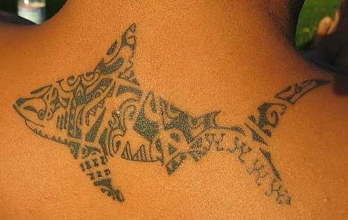 背部很酷的黑色部落鲨鱼纹身图案