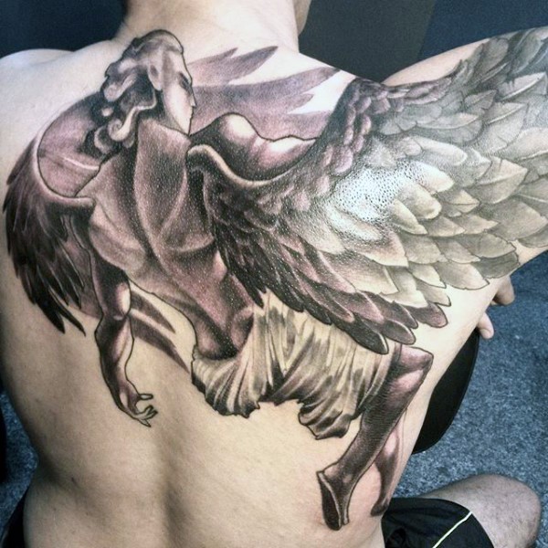 背部不可思议的黑白天使背影纹身图案
