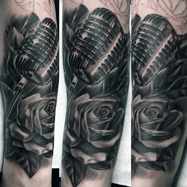 手臂3D黑白麦克风和玫瑰纹身图案