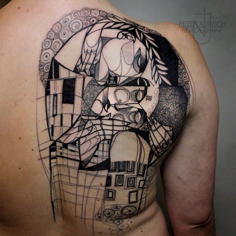 背部抽象风格的黑色房子纹身图案