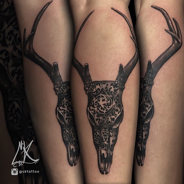 小腿3D动物头骨与部落饰品纹身图案