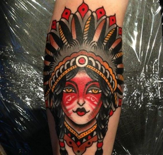 彩色的印第安人女孩头像纹身图案