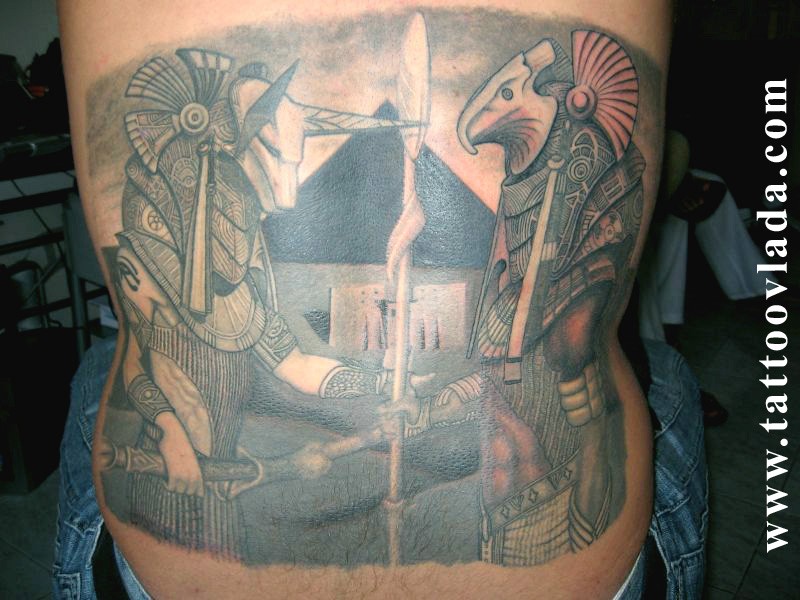 背部华丽的3D彩色各种埃及神像纹身图案