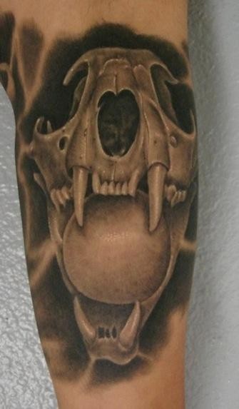 手臂3D黑灰猫头骨纹身图案